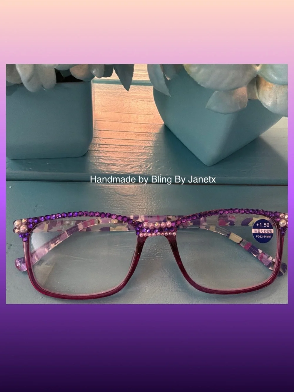 Handmade Purple Bejeweled Reading Glasses (+1.50)